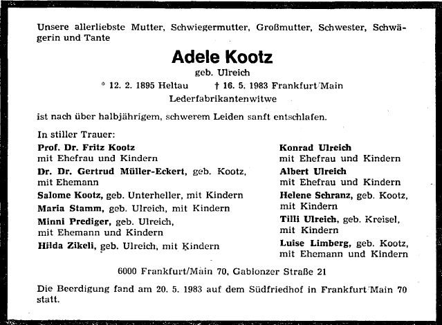 Ulreich Adele 1895-1983 Todesanzeige
